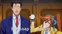 a man and a woman are standing next to each other with the words evil soap and genni written on the bottom