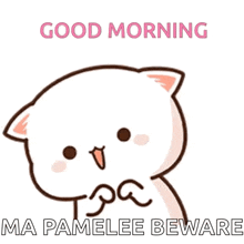 a cartoon cat with the words good morning ma pamelee beware written on it