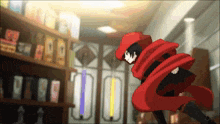 a cartoon character with a red cape is running in a room .