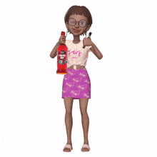 a cartoon girl is holding a bottle of cherry juice