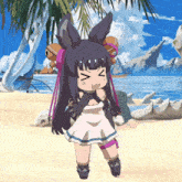 a cartoon girl with bunny ears is standing on a beach with her eyes closed