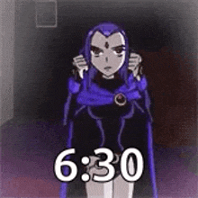 raven from teen titans go is wearing a purple cape and holding her hair .