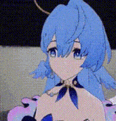 a girl with blue hair and green eyes is wearing a pink and blue dress .