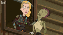a cartoon of a woman talking to a skeleton with the words talk written on the bottom