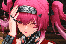 a girl with pink hair is wearing a headband with a star on it
