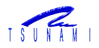 the word tsunami is on a white background with a blue swirl