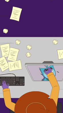 a cartoon drawing of a person sitting at a desk with sticky notes on it and papers flying around