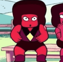 a cartoon character with a surprised look on his face is sitting on a bench next to another character .