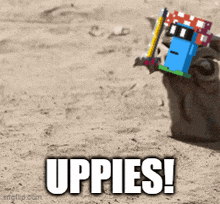 a picture of a cat holding a pencil with the words uppies on it