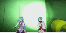 two anime characters are standing in front of a green wall with a white light shining on them