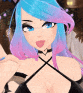 a cartoon girl with blue and pink hair is wearing headphones and a choker