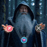 a man with a beard is holding two coins in his hands one of which has a whale on it