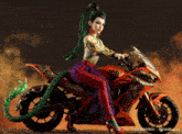 a statue of a woman sitting on a motorcycle with a green tail says minimax