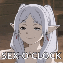 a girl with white hair and elf ears is smiling with the words sex-o-clock above her
