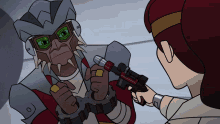 a cartoon character with green eyes is holding a gun in front of a woman