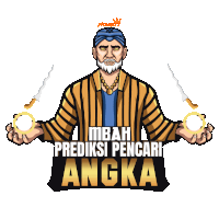a cartoon of a man holding two knives with the words mbah prediksi pencari angka written below him