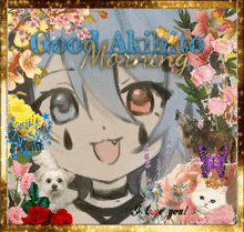 a picture of a girl with flowers and the words " good morning "