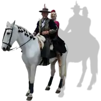 a man and a woman are riding on a white horse