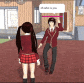 a boy and a girl are standing in front of a building with a speech bubble that reads oh who is you