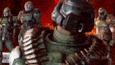 a group of video game characters are standing next to each other and one of them is wearing a helmet .