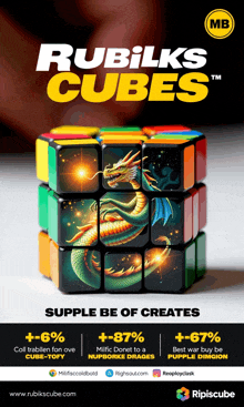 an advertisement for rubik 's cubes with a dragon on the front