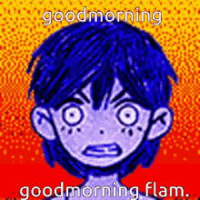 a pixel art of a boy with blue hair and the words `` good morning good morning flam ''