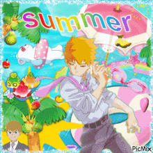 a picture of a man playing a flute with the word summer in the background