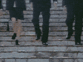 a group of people in suits are walking down stairs
