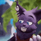 a close up of a cartoon cat with a fish on its ear