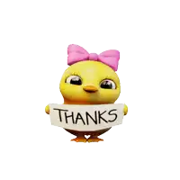 a yellow chick with a pink bow holds a sign that says thanks