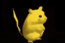 a yellow pikachu with a black background is standing on its hind legs .