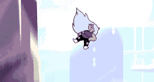 a purple cartoon character is flying through the air in a room .