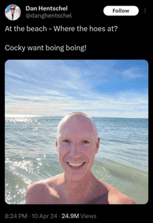 a picture of a bald man in the ocean with the caption cocky want boing boing