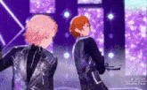 two anime characters are dancing on a stage and the words double face are on the bottom of the screen