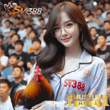 a woman holding a rooster wearing a shirt that says sv388 on it