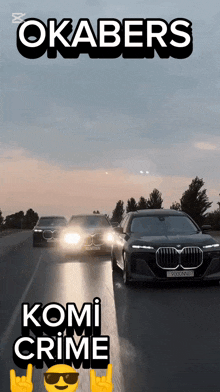 a group of cars are driving down a road with the words komi crime written on the bottom