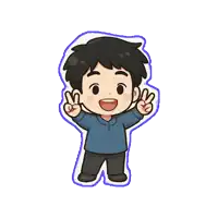 a cartoon boy in a blue shirt is giving a peace sign