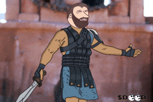 a cartoon of a man in a gladiator outfit holding a sword with a dollar sign in the corner