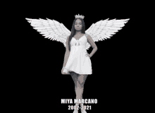 a woman in a white dress with angel wings has the name miya marcano 2002-2021 on the bottom