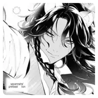 a black and white drawing of a man with long hair and horns