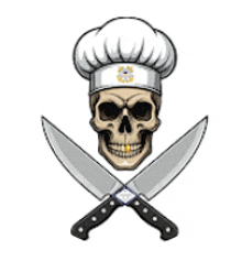 a skull wearing a chef 's hat is holding two crossed knives