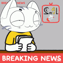 a cartoon cat is holding a piece of paper in front of a breaking news banner