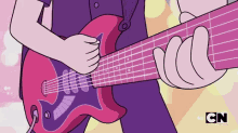 a cartoon character is playing a pink guitar with the cn logo in the background