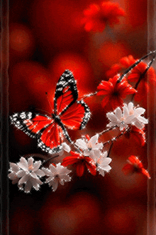 a red butterfly is sitting on a branch of flowers .