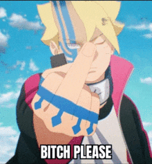 a cartoon character giving the middle finger and the words bitch please