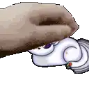 a pixel art drawing of a unicorn laying down with a hand covering its face .