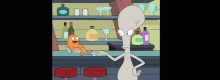 a cartoon character is standing in front of a bar with bottles on it