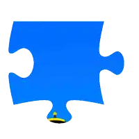 a blue puzzle piece with a yellow circle on the bottom