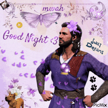 a picture of a man with a flower in his hair that says good night sweet dreams