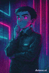 a man holding a gun in front of a pink background that says animon.ai on it